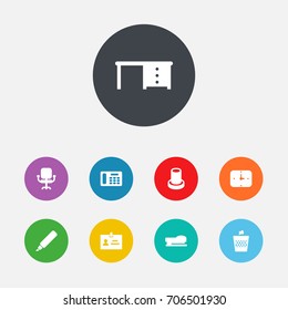 Set Of 9 Workspace Icons Set.Collection Of Airchair , Desktop , Stand Elements.
