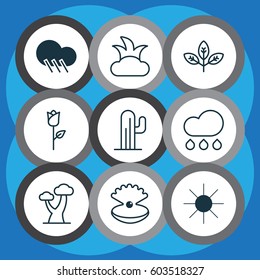 Set Of 9 World Icons. Includes Love Flower, Oak, Seashell And Other Symbols. Beautiful Design Elements.