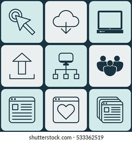 Set Of 9 World Wide Web Icons. Can Be Used For Web, Mobile, UI And Infographic Design. Includes Elements Such As Local Connection, Website Bookmarks, PC And More.