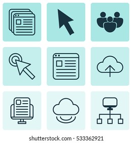 Set Of 9 World Wide Web Icons. Can Be Used For Web, Mobile, UI And Infographic Design. Includes Elements Such As Cursor Tap, Mouse, Local Connection And More.