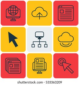 Set Of 9 World Wide Web Icons. Can Be Used For Web, Mobile, UI And Infographic Design. Includes Elements Such As Local Connection, Website Page, Website Bookmarks And More.