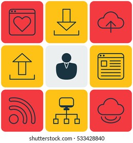 Set Of 9 World Wide Web Icons. Can Be Used For Web, Mobile, UI And Infographic Design. Includes Elements Such As Website Page, Data Synchronize, Followed Website And More.