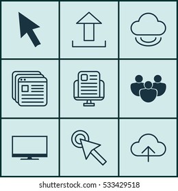Set Of 9 World Wide Web Icons. Can Be Used For Web, Mobile, UI And Infographic Design. Includes Elements Such As Website Bookmarks, Cursor Tap, Data Synchronize And More.