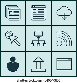 Set Of 9 World Wide Web Icons. Includes Website Bookmarks, Program, Cursor Tap And Other Symbols. Beautiful Design Elements.