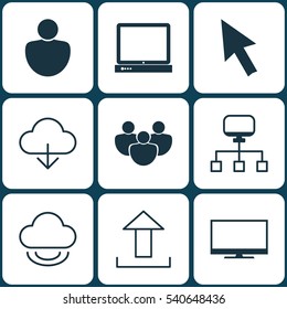 Set Of 9 World Wide Web Icons. Includes PC, Display, Virtual Storage And Other Symbols. Beautiful Design Elements.