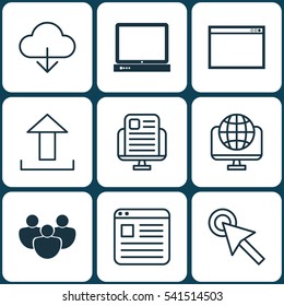 Set Of 9 World Wide Web Icons. Includes Blog Page, Send Data, Website Page And Other Symbols. Beautiful Design Elements.