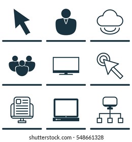 Set Of 9 World Wide Web Icons. Includes Blog Page, PC, Local Connection And Other Symbols. Beautiful Design Elements.