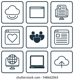 Set Of 9 World Wide Web Icons. Includes Program, Blog Page, Data Synchronize And Other Symbols. Beautiful Design Elements.