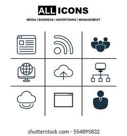 Set Of 9 World Wide Web Icons. Includes Data Synchronize, Account, Local Connection And Other Symbols. Beautiful Design Elements.
