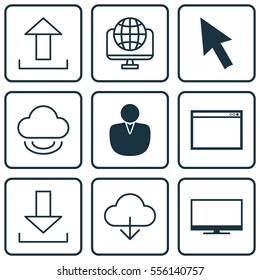 Set Of 9 World Wide Web Icons. Includes Computer Network, Save Data, Send Data And Other Symbols. Beautiful Design Elements.
