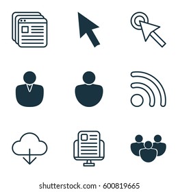 Set Of 9 World Wide Web Icons. Includes Mouse, Human, Blog Page And Other Symbols. Beautiful Design Elements.