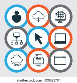 Set Of 9 World Wide Web Icons. Includes Blog Page, Mouse, Computer Network And Other Symbols. Beautiful Design Elements.