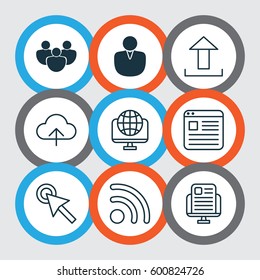 Set Of 9 World Wide Web Icons. Includes Cursor Tap, Website Page, Blog Page And Other Symbols. Beautiful Design Elements.