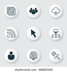 Set Of 9 World Wide Web Icons. Includes Save Data, Blog Page, Website Bookmarks And Other Symbols. Beautiful Design Elements.