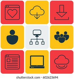 Set Of 9 World Wide Web Icons. Includes Team, Virtual Storage, Website Page And Other Symbols. Beautiful Design Elements.