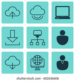 Set Of 9 World Wide Web Icons. Includes Local Connection, Save Data, Account And Other Symbols. Beautiful Design Elements.
