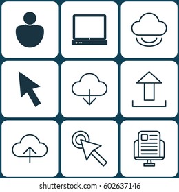 Set Of 9 World Wide Web Icons. Includes PC, Human, Save Data And Other Symbols. Beautiful Design Elements.