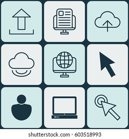 Set Of 9 World Wide Web Icons. Includes PC, Virtual Storage, Mouse And Other Symbols. Beautiful Design Elements.
