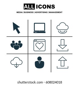 Set Of 9 World Wide Web Icons. Includes Virtual Storage, Account, PC And Other Symbols. Beautiful Design Elements.