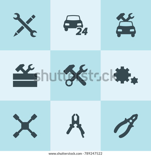 Set\
of 9 wrench filled icons such as wrench hammer, work tool, car\
repair, pliers, wheel wrench, 24/7 car service,\
gear