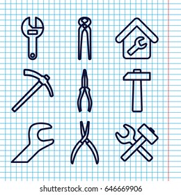 Set of 9 wrench outline icons such as wrench, pliers, home repair, hammer