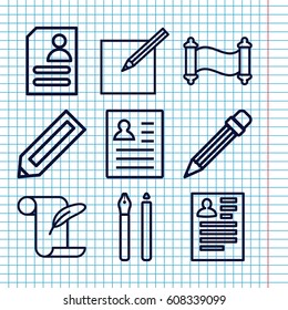 Set of 9 write outline icons such as pencil, resume, feather and paper, paper and pen, manuscript