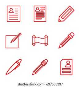 set of 9 write outline icons such as pencil, resume, pen, paper 