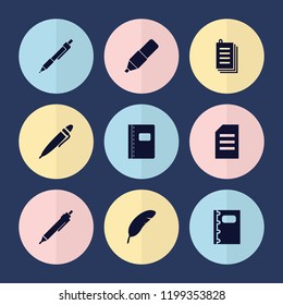 Set of 9 writing filled icons such as pen, paper, notebook