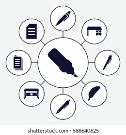 Set of 9 writing filled icons such as office desk, pen, paper