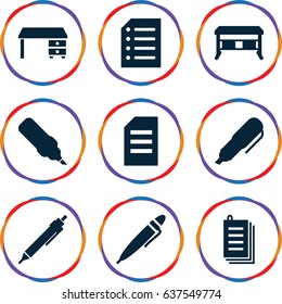 set of 9 writing filled icons such as office desk, pen