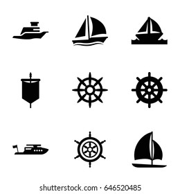 set of 9 yacht filled icons such as helm, boat, ship, sailboat