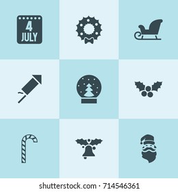 Set of 9 year filled icons such as mistletoe, christmas bell, candy cane, christmas wreath, santa claus, fireworks, snow ball, 4 july calendar