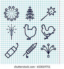 Set of 9 year outline icons such as chicken, pine-tree, sparkler, fireworks, firework