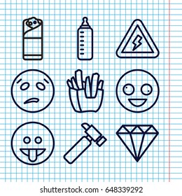 Set of 9 yellow outline icons such as baby bottle, gem, hummer, french fries, burrito, voltage warning, crazy emot, sweating emot