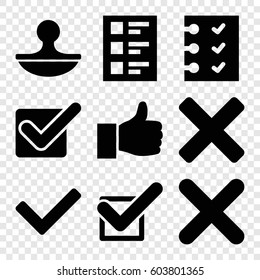 Set of 9 yes filled icons such as checklist, stamp, tick, cross