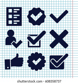 Set of 9 yes filled icons such as checklist, tick, thumb up, add user