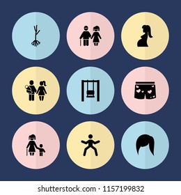 Set of 9 young filled icons such as swing, sprout, underwear with heart, man doing exercises, woman hairstyle, couple, couple with newborn, old woman and child