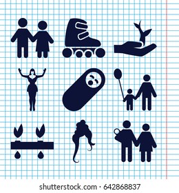 Set of 9 young filled icons such as woman hairstyle, dancing woman, skate rollers, plant on hand, plant, couple, father and son, newborn child