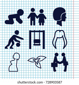 Set of 9 young filled and outline icons such as baby crawl, businessman shaking hands, face, basketball player, plant, woman hairstyle, pregnant woman, swing