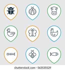 Set Of 9 Zoo Icons. Includes Seafood Skeleton, Goose, Bumblebee And Other Symbols. Beautiful Design Elements.