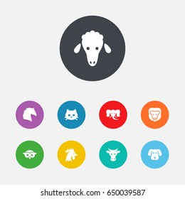 Set Of 9 Zoology Icons Set.Collection Of Night Fowl, Wildcat, Kine And Other Elements.