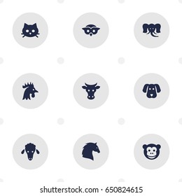 Set Of 9 Zoology Icons Set.Collection Of Pussy, Hound, Rooster And Other Elements.
