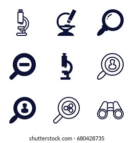 set of 9 zoom filled and outline icons such as microscope, zoom out, user search, search, binoculars