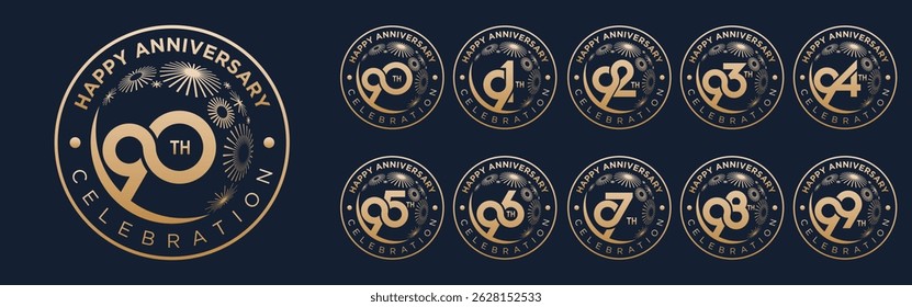 conjunto de 90 a 99o aniversário logotipo design, com fogos de artifício dourados para evento de celebração, casamento, e aniversário, ilustração vetorial