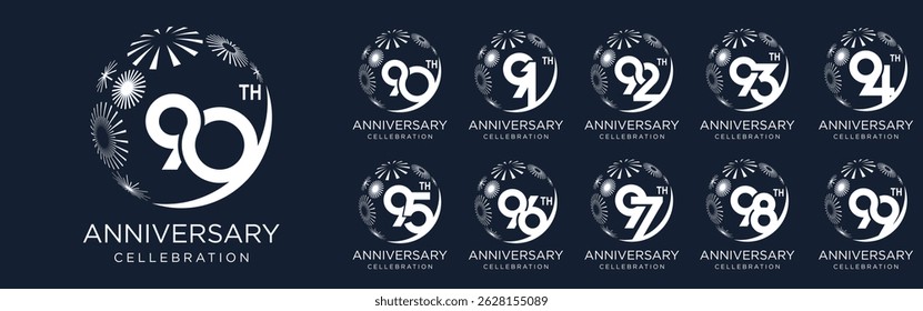 conjunto de 90 a 99o design de logotipo aniversário, com fogos de artifício de cor branca para evento de celebração, casamento, e aniversário, ilustração vetorial