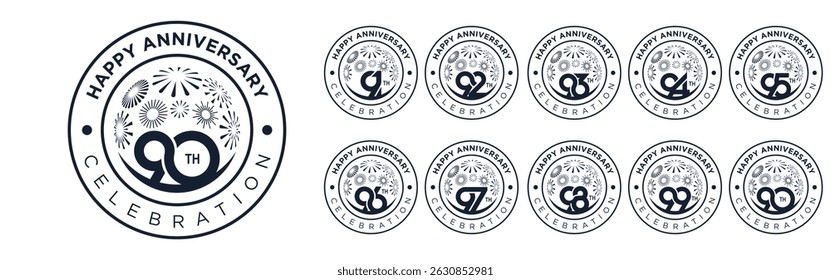 set of 90 to 99th anniversary logotype design, with black color fireworks for celebration event, wedding, and birthday, vector illustration