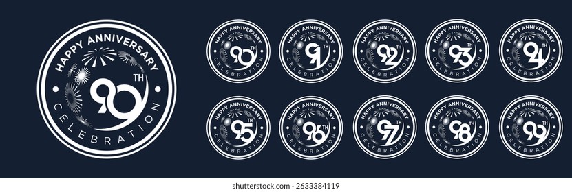 set of 90 to 99th anniversary logotype design, with white color fireworks for celebration event, wedding, and birthday, vector illustration