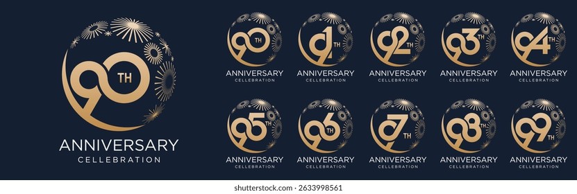 conjunto de 90 a 99o aniversário logotipo design, com fogos de artifício dourados para evento de celebração, casamento, e aniversário, ilustração vetorial
