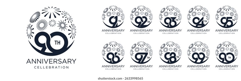 conjunto de 90 a 99o aniversário logotipo design, com fogos de artifício cor preta para evento de celebração, casamento, e aniversário, ilustração vetorial