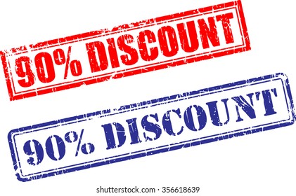 Set of 90% DISCOUNT grunge realistic rubber stamps, different ink colors, different forms, isolated on white background, vector illustration